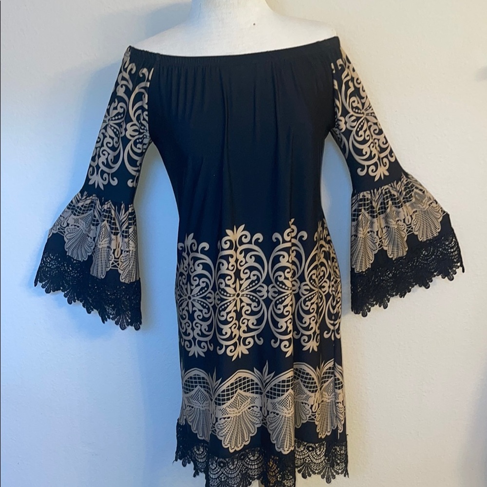 Off-Shoulder Black and tan Dress medium